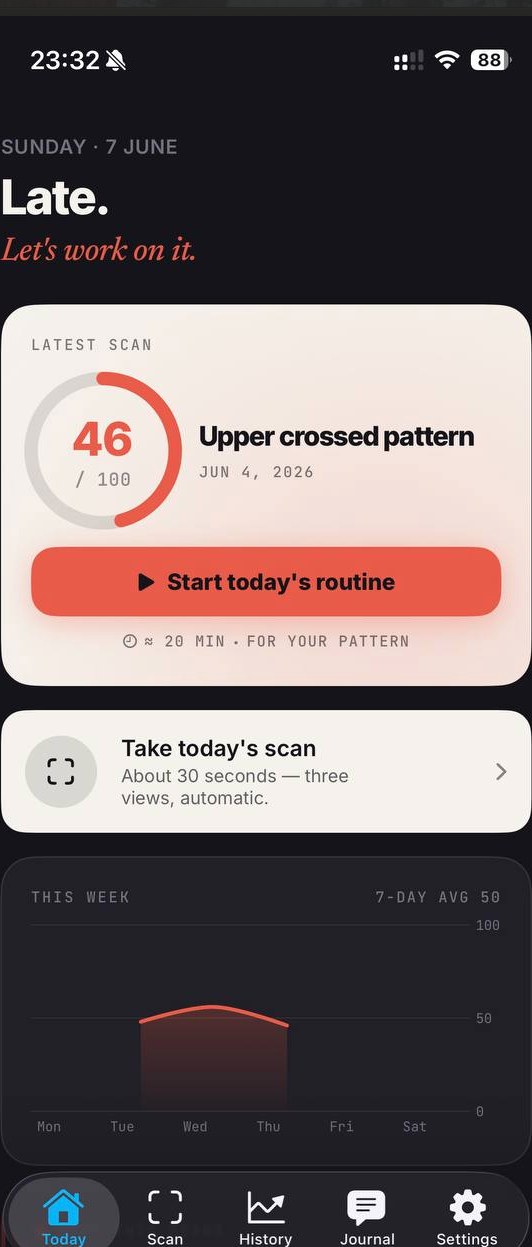 Stoop today screen with posture score and the day's adaptive routine