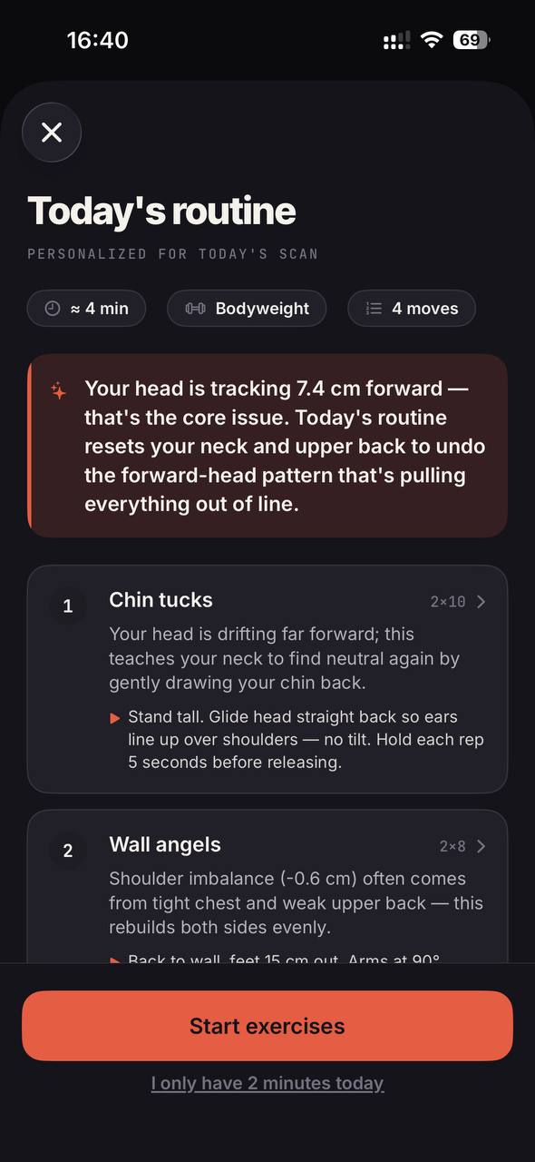 Today's routine with AI rationale per exercise